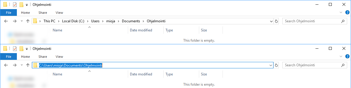 Kaksi kuvakaappausta joissa näkyy Explorer-tiedostoselaimen osoiterivi ennen ja jälkeen klikkauksen - jälkimmäisessä näkyy kansion polku, joka on maalattuna