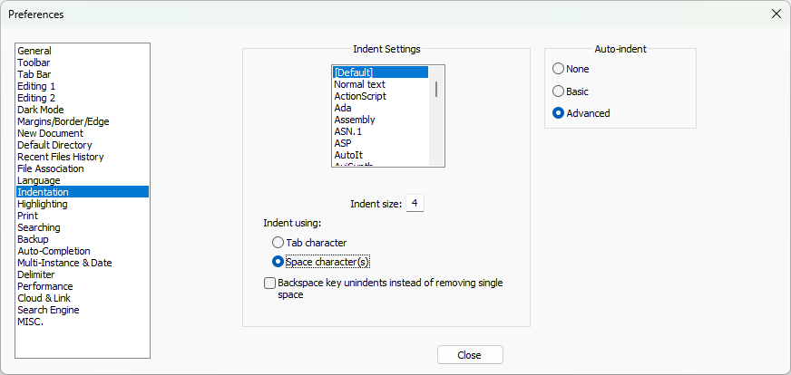 Kuvaruutukaappaus Preferences-ikkunasta, jossa on valittu vasemmalta "Language" ja rastittu kohta "Replace by space"