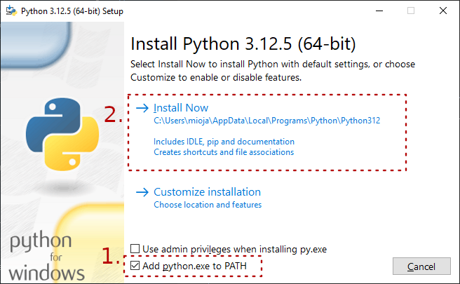 kuvakaappaus, jossa korostetaan, että "Add Python 3.13 to PATH" on valittuna, jonka jälkeen tehdään tavallinen asennus