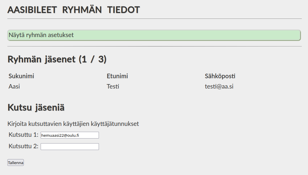 Kuva ryhmän tiedot-sivusta, kun käyttäjä kuuluu ryhmään, ja sivulla näkyy kutsulomake